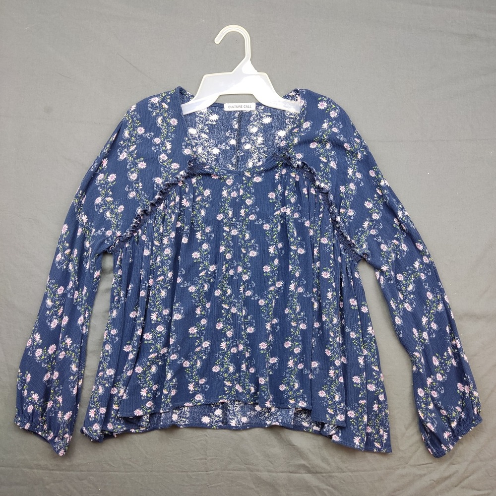 Culture Call Blouse Womens Free Size Navy Blue Floral Boho Ric-Rac V-Neck Rayon
